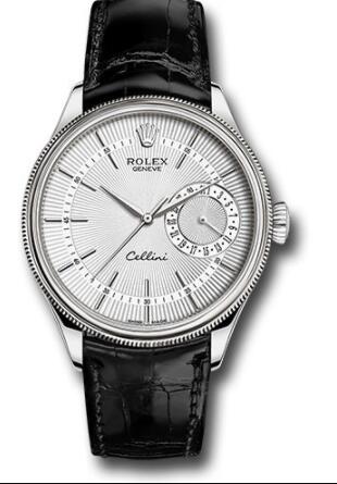 Replica Rolex Cellini Date Watch 50519 White Gold Silver Dial Black Leather Strap